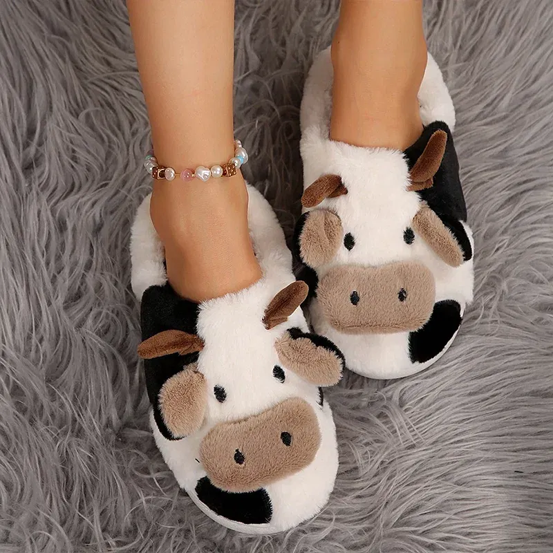 Shoe Size: 38-39 - Ladies' Winter Slippers Cute Cartoon Heart Animal Cow Fur Warm Cotton Anti-Slip Home Comfortable Girls' Footwear