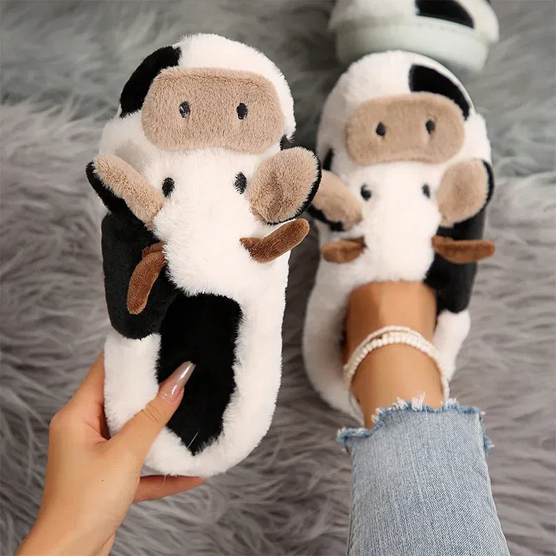 Shoe Size: 38-39 - Ladies' Winter Slippers Cute Cartoon Heart Animal Cow Fur Warm Cotton Anti-Slip Home Comfortable Girls' Footwear