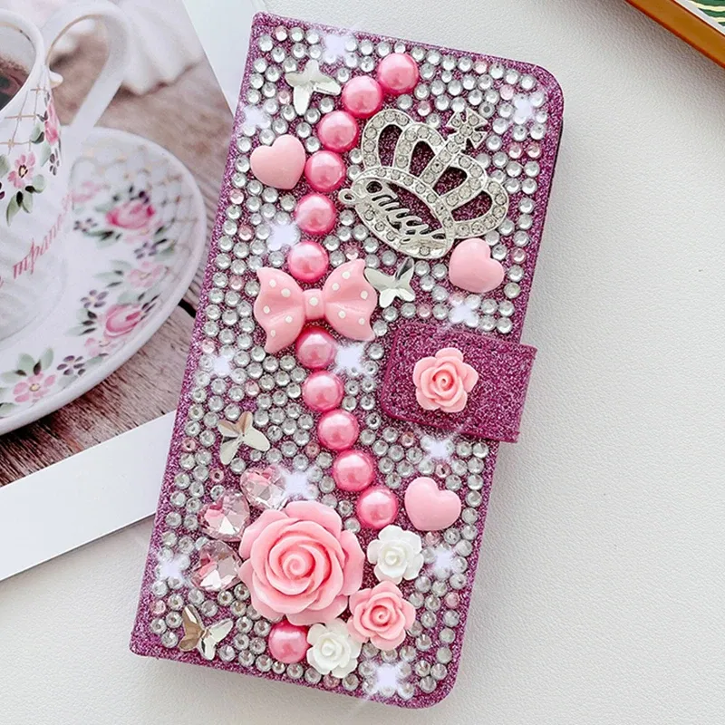 Color: Rose, Material: Neoprene - Wallet Glitter Case For Samsung Galaxy S24 FE S23 Ultra S22 Plus S21 S20 A13 A14 A15 A16 A53 A54 A55 A34 Flip Luxury Leather