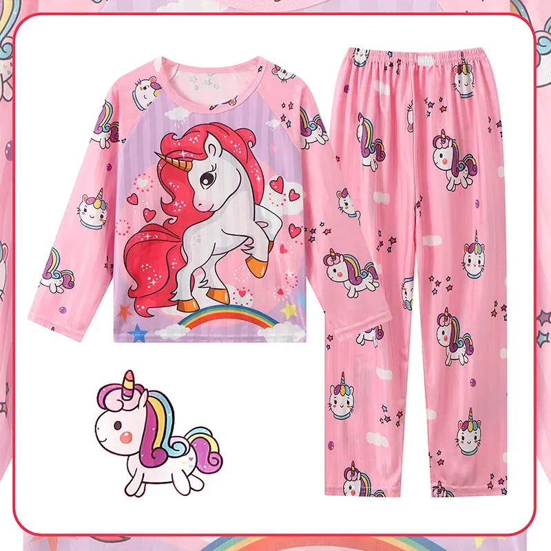 Color: Ivory, Kid Size: 4T - 2pcs/set New Children Pyjamas Minnie Elsa Duck Cartoon Girls Sets Kid Home Wear boys and girls Travel Casual Sleepwear Suit