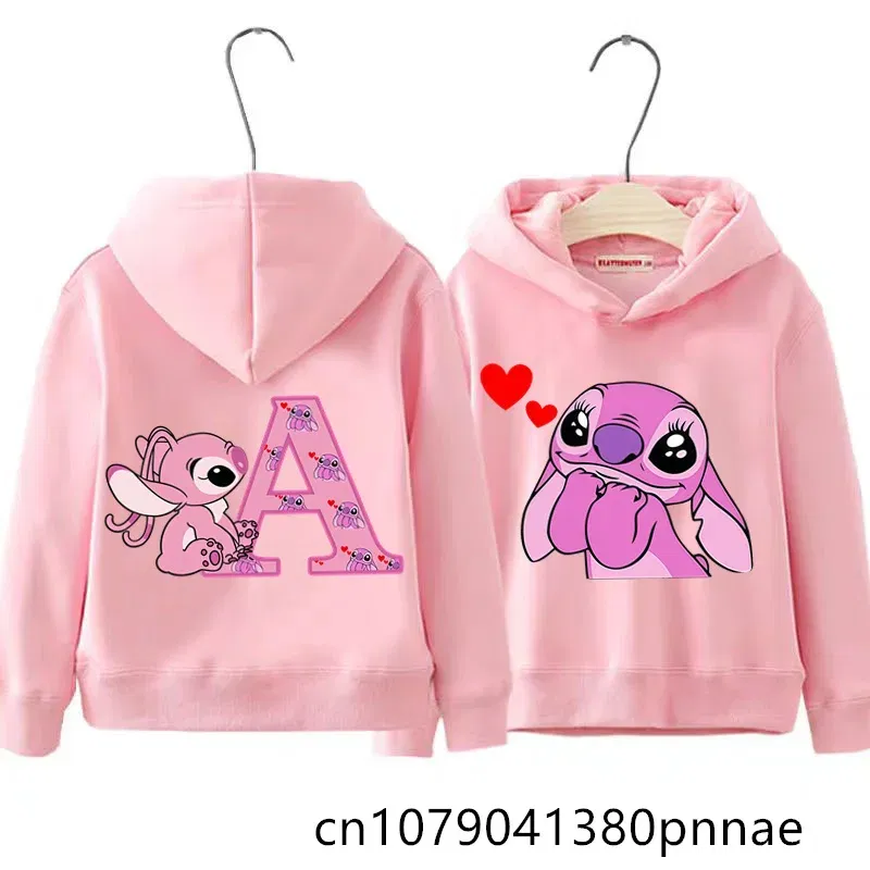 Color: Pink, Kid Size: 2T - Girls Boys Lilo and Stitch Sportswear Hoodies Casual Fashion Sweatshirts Angel Letter AZ Anime Autumn/Winter Hoodie Kids Hoodies