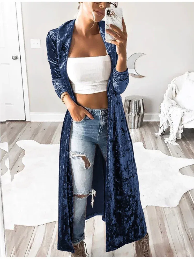 Color: Blue, Size: XL - 2024 Long Velvet Kimono Cardigan Windbreaker Women Jacket Pure Color Fashion Long Sleeve Casual Ladies Long Jacket Trench Coat