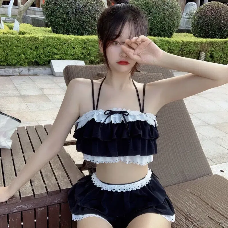 Color: black, Size: L - Bikini Sets Women Kawaii Girlish Design Tender Teens Slim Chic Beach Simple Feminino Daily Ruffles Japan Style Cool Sexy