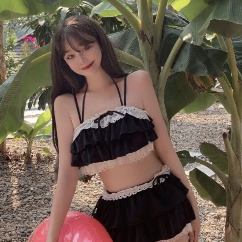 Color: black, Size: L - Bikini Sets Women Kawaii Girlish Design Tender Teens Slim Chic Beach Simple Feminino Daily Ruffles Japan Style Cool Sexy