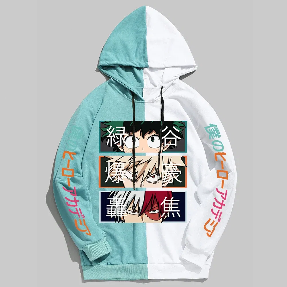 Color: Blue, Size: M - 2022 New Anime My Hero Academia Hoodies Men Pullover Hiphop Hooded Sweatshirt Patchwork Women Streetwear Long Sleeve Unisex Tops