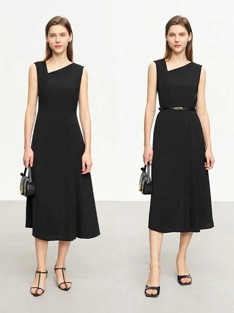 AMII Minimalist 2023 Summer Dress for Women New Slant V-neck Waist Sleeveless Pleated Slim Office Lady Vestidos Female 12352056