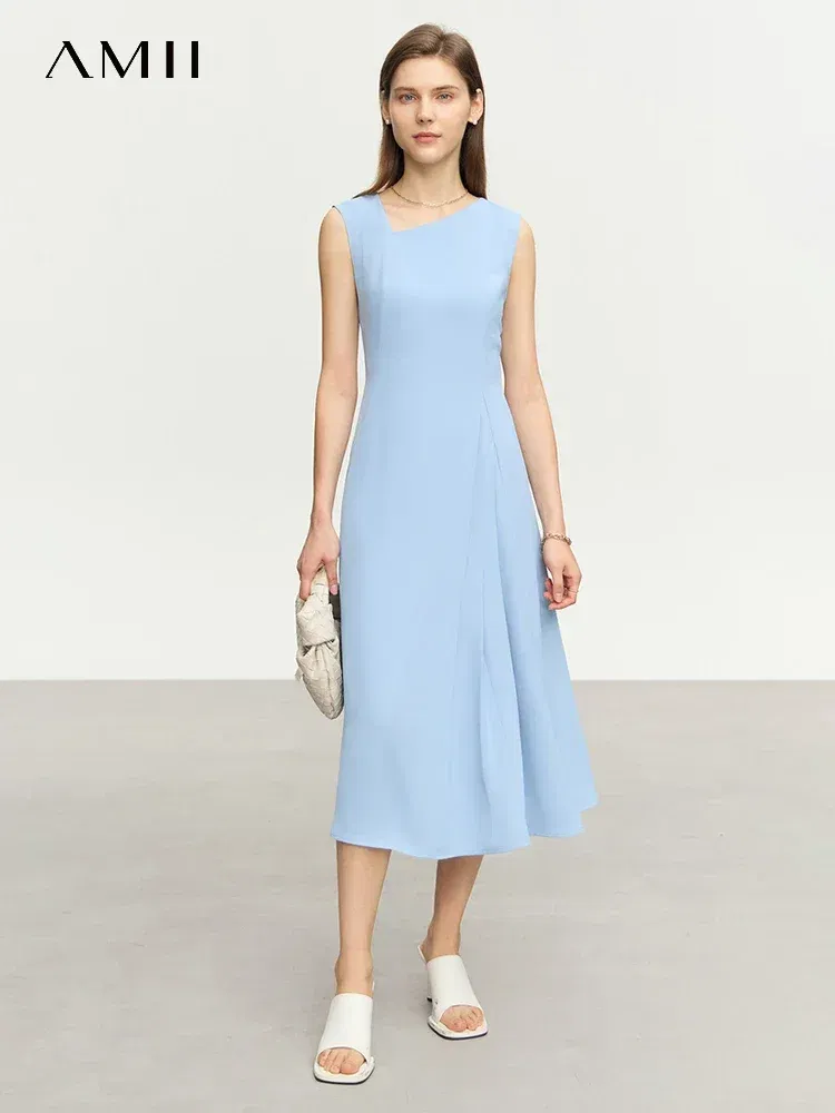 AMII Minimalist 2023 Summer Dress for Women New Slant V-neck Waist Sleeveless Pleated Slim Office Lady Vestidos Female 12352056