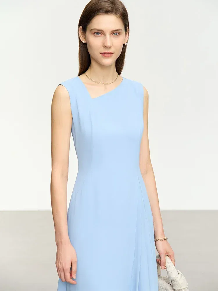 AMII Minimalist 2023 Summer Dress for Women New Slant V-neck Waist Sleeveless Pleated Slim Office Lady Vestidos Female 12352056