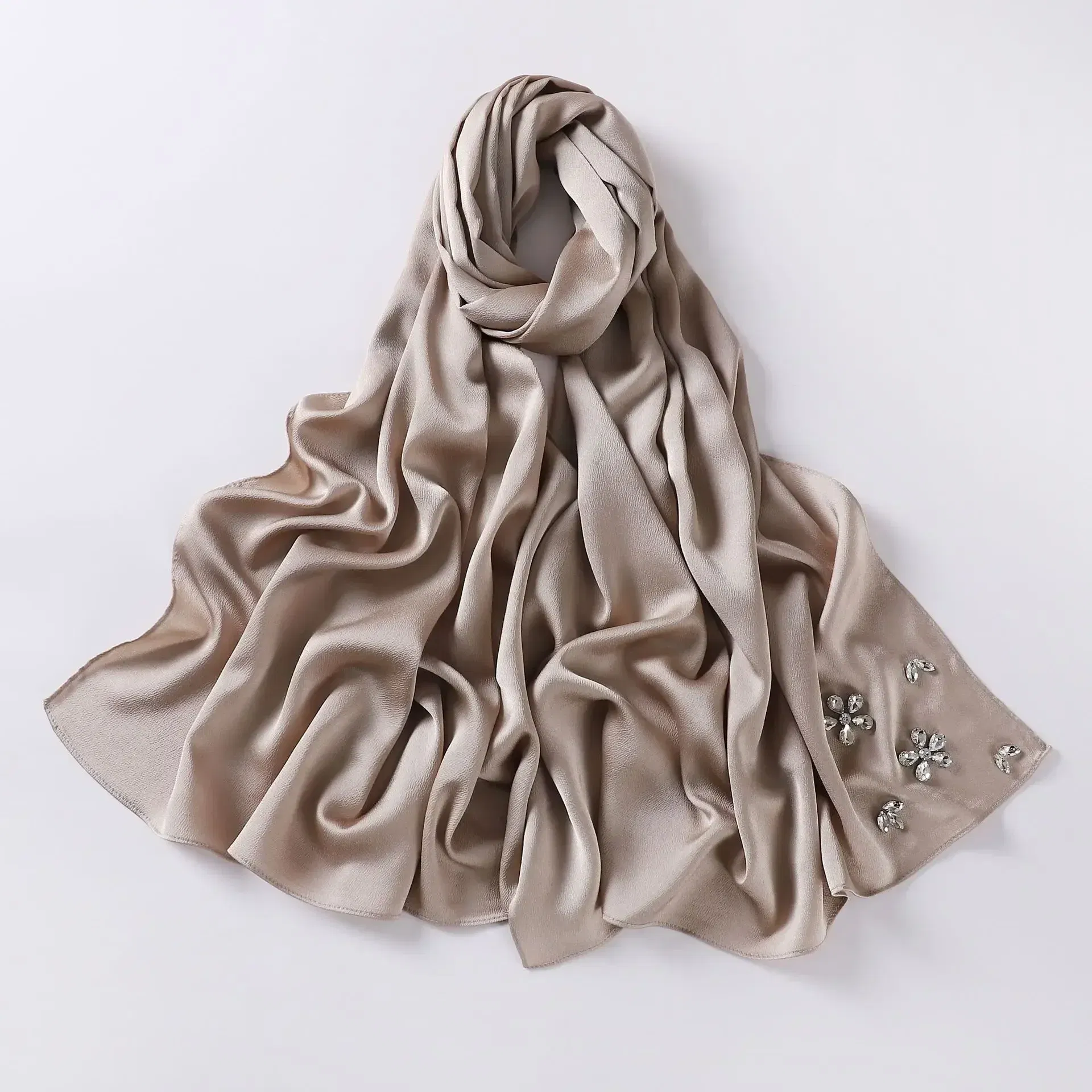Color: Rust Red - New Designers Diamonds Satin Hijab Chiffon Scarf Women Luxury Silk Scarves Woman Turban Silk Scarfs for Women Bandana Headband