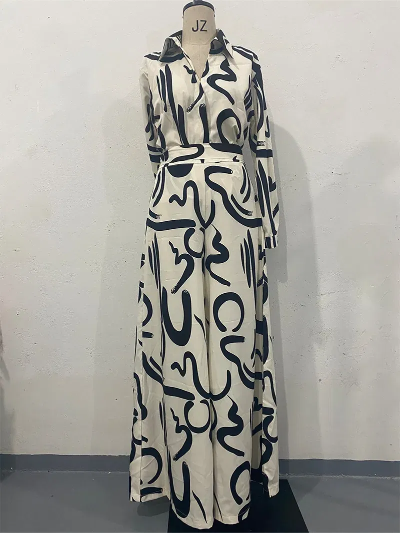 Color: WHITE, Size: XL - Womens Jumpsuits Streetwear High Waisted Casual Floral Loose Fitting Long Sleeved Conjoined Body Wide Leg Pants Summer 2024 New