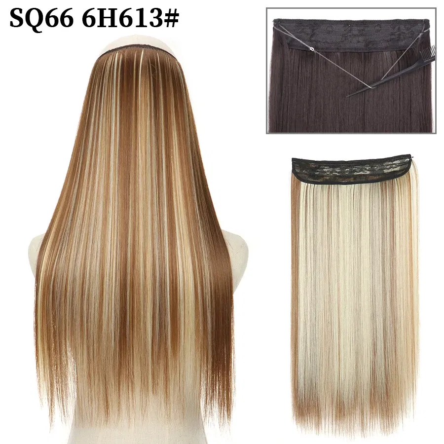 Color: T1B/4/27, Stretched Length: 16inches, Ships From: CHINA - Synthetic Natural Wavy No Clip Fish Line Invisible Hair Extensions Mixed Color Blonde Black Artificial False Hair Piece ForWomen