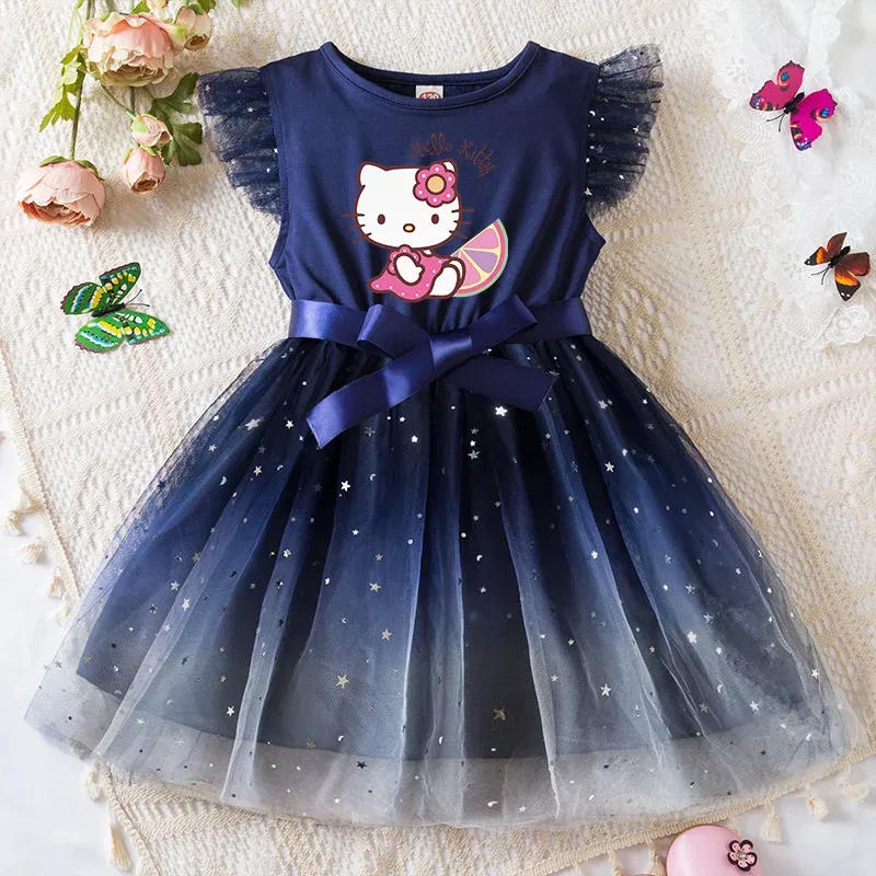 Color: Yellow, Kid Size: 5 - Hello Kitty Girls Sequin Tutu Dress with Bow Flutter Sleeves Summer Princess Party Outfit for Toddler Kids 2-6 Years
