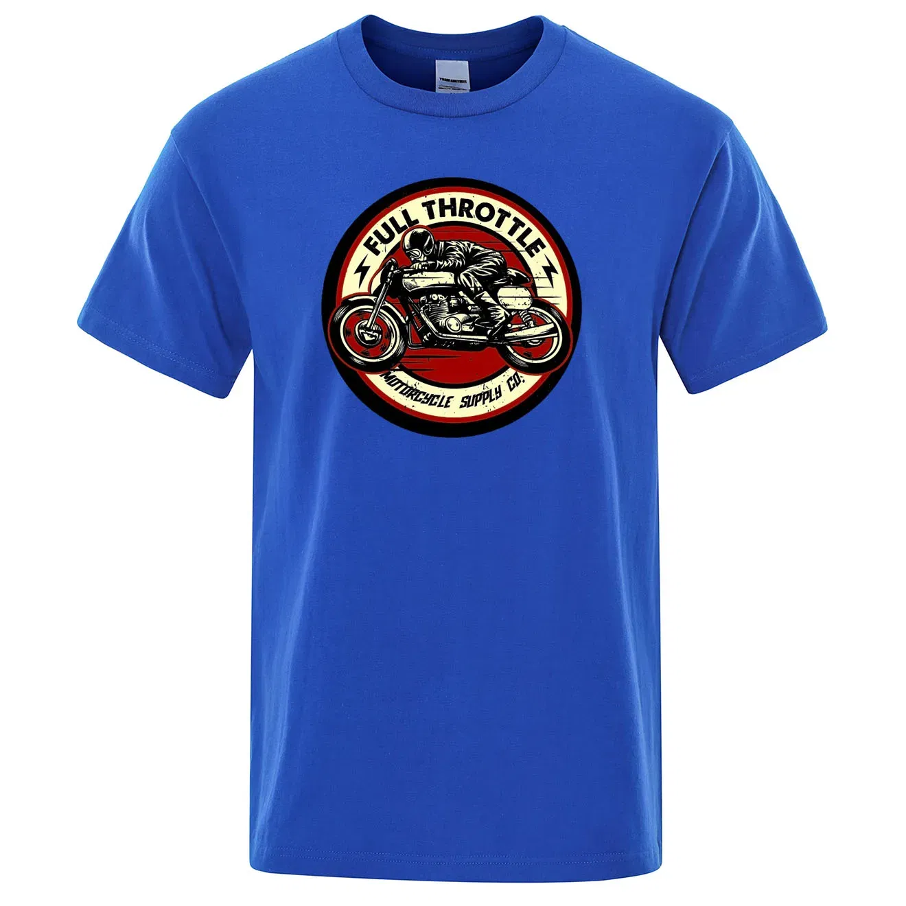 Color: Blue, Size: XXL - Full Throttle Cafe Racer Rockabilly Biker Printed T-Shirt Men Fashion Casual Short Sleeve Loose Cotton Tshirt Summer Loose Tees