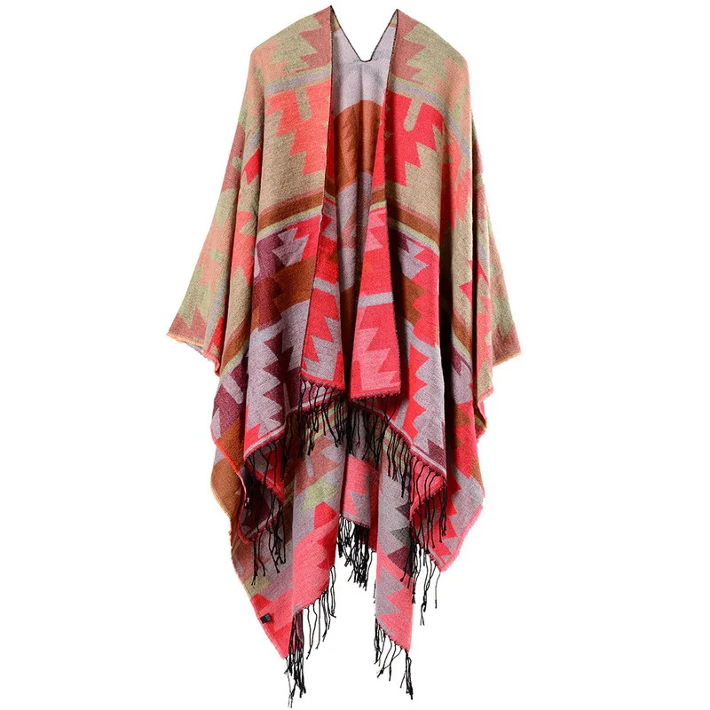 Color: Beige, Size: One Size, Ships From: CHINA - European American Popular Tassel Thickened Cashmere Like National Style Travel Fork Shawl Scarf in autumn Ponchos Capes