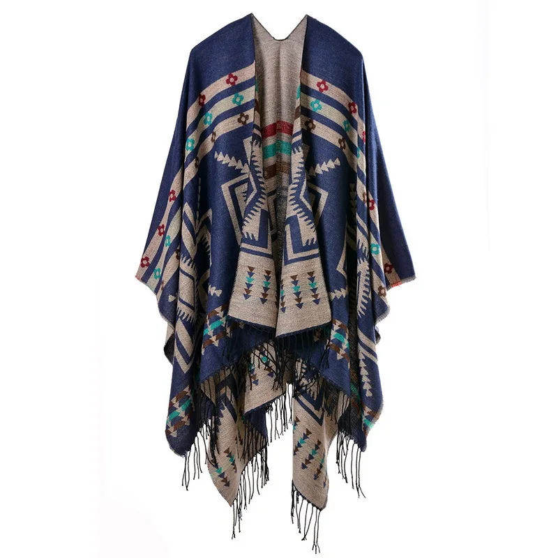 Color: Beige, Size: One Size, Ships From: CHINA - European American Popular Tassel Thickened Cashmere Like National Style Travel Fork Shawl Scarf in autumn Ponchos Capes
