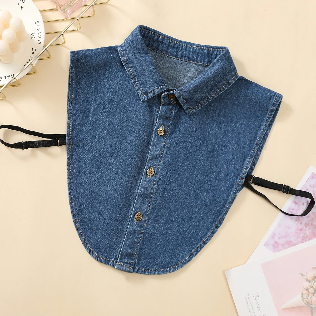 Color: DEEP BLUE - Women's Blue Washed Denim Pointed Collar Fake Collar, Professional Casual Versatile Decoration Half Shirt Style Collar