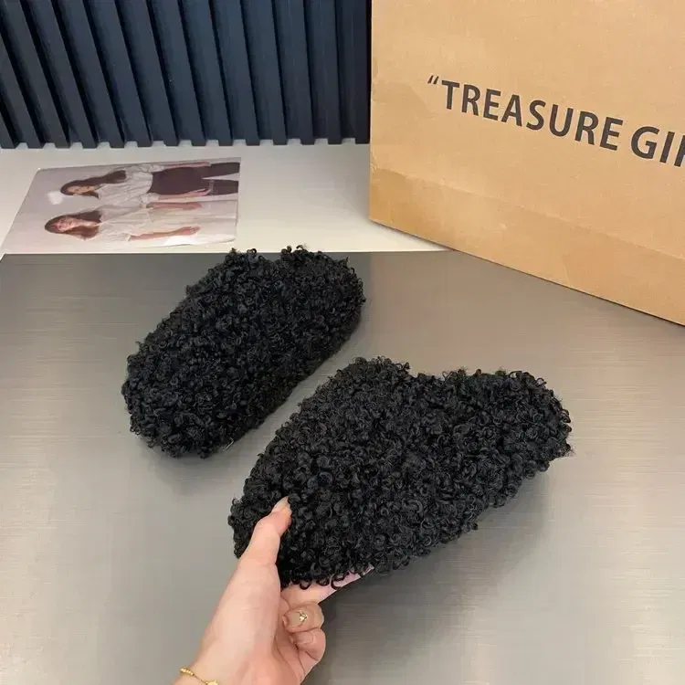 Color: Beige, Shoe Size: 40 - Thick Heel Luxury Lambwool Mules  Winter Shoes Woman Flip Flops Flat Cover Toe Slides Ins Warm Curly Lamb Fur Slippers Women