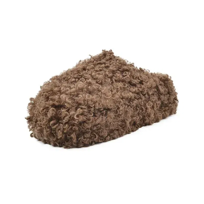 Color: Beige, Shoe Size: 40 - Thick Heel Luxury Lambwool Mules  Winter Shoes Woman Flip Flops Flat Cover Toe Slides Ins Warm Curly Lamb Fur Slippers Women