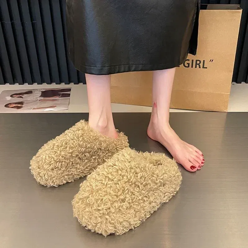 Color: Beige, Shoe Size: 40 - Thick Heel Luxury Lambwool Mules  Winter Shoes Woman Flip Flops Flat Cover Toe Slides Ins Warm Curly Lamb Fur Slippers Women
