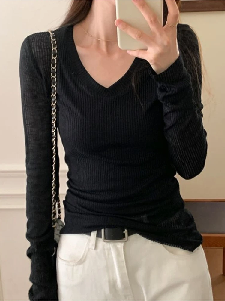 Color: WHITE, Size: L - Women Long Sleeve T Shirt Thin Perspective Summer Solid Slim Casual Shirts Female Pullovers Basic Tee Y2k Clothes Streetwear Top