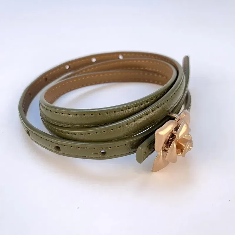 Color: Red, Belt Length: 105CM - 1.0cm New Unique Rose Genuine Leather Gold Belt Women Fashion Cowskin Flower Thin Belts Female Jeans Dress Waistband