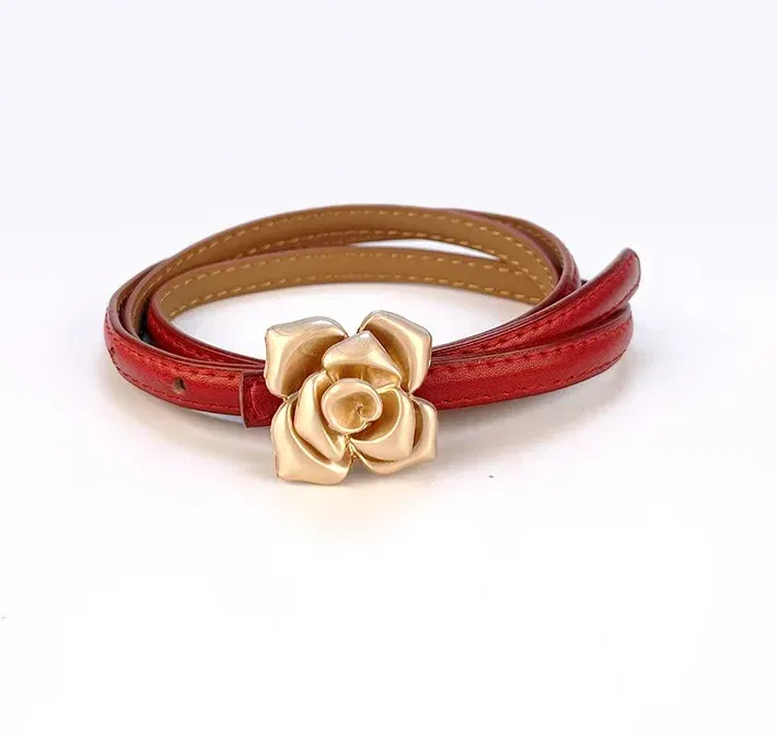 Color: Red, Belt Length: 105CM - 1.0cm New Unique Rose Genuine Leather Gold Belt Women Fashion Cowskin Flower Thin Belts Female Jeans Dress Waistband