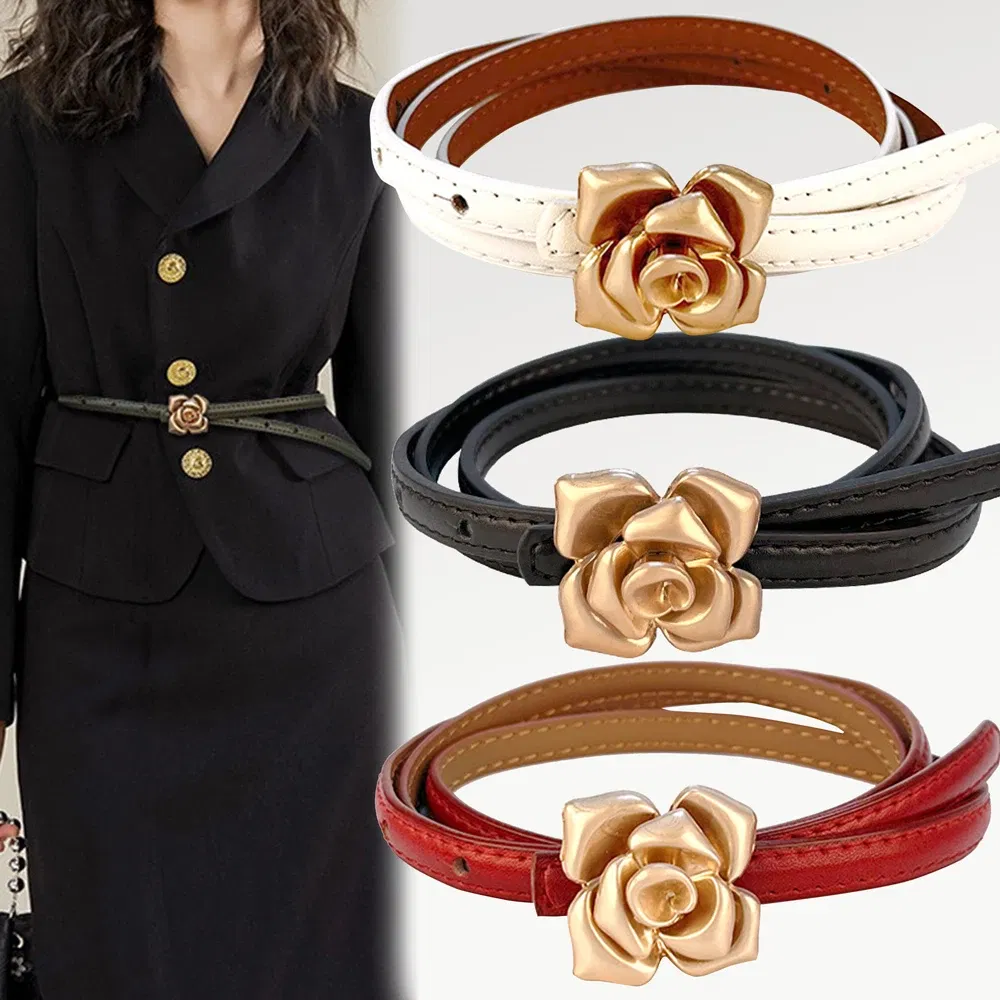 Color: Red, Belt Length: 105CM - 1.0cm New Unique Rose Genuine Leather Gold Belt Women Fashion Cowskin Flower Thin Belts Female Jeans Dress Waistband