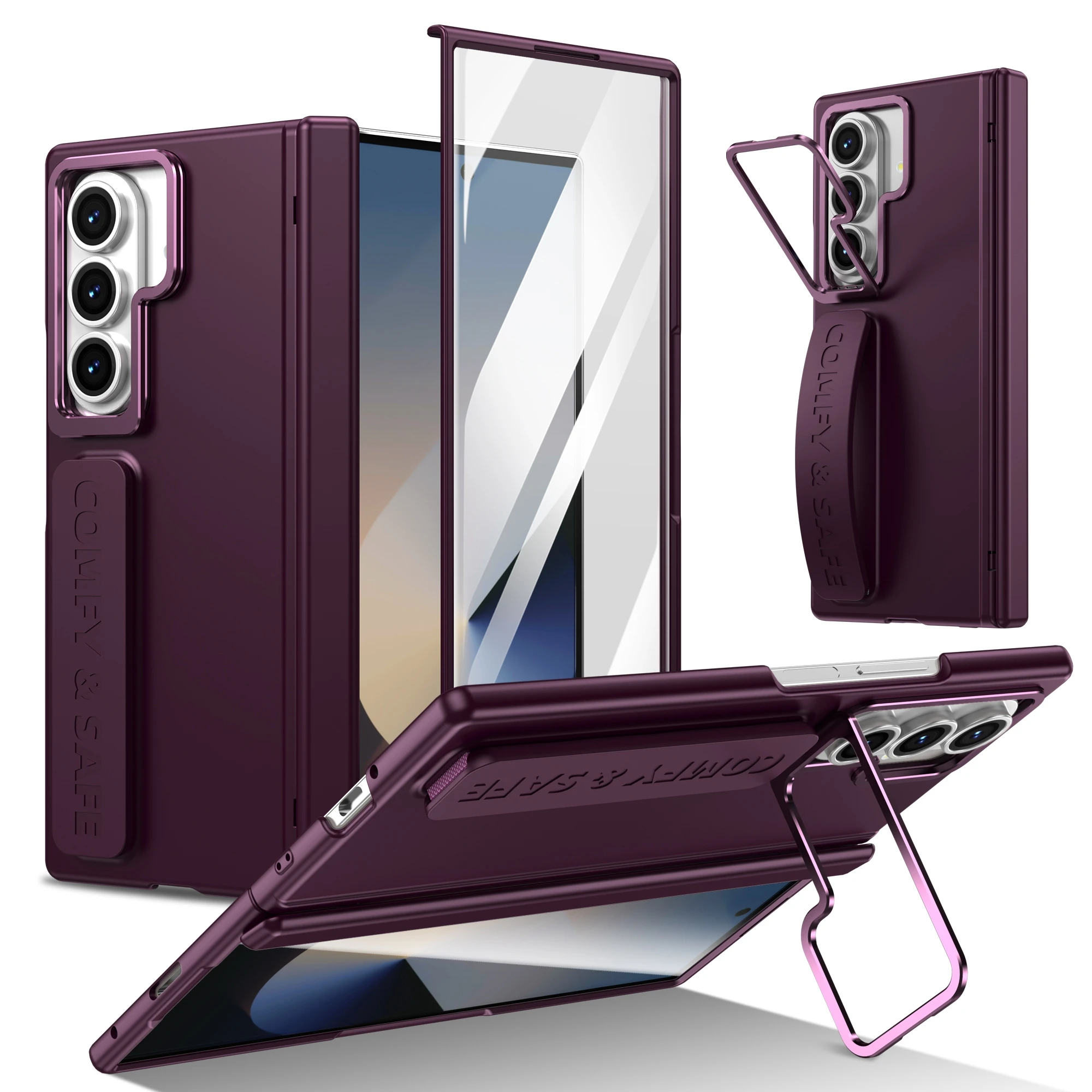 Color: Brown, Material: ABS - For Samsung Galaxy Z Fold 7 6 5 4 3 Wristband Hinge Lens Holder Phone Case Outer Screen Glass Film Protection Shockproof Cover