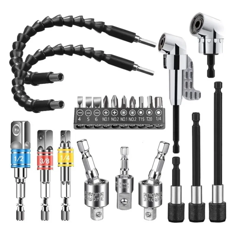 Color: Red - Flexible Drill Extension Hex Shank Drill Nut Driver Bit Set Bendable Drill Bit Extension+ScrewdriverBit+Universal Socket Adapter