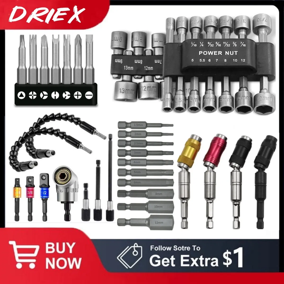 Color: Red - Flexible Drill Extension Hex Shank Drill Nut Driver Bit Set Bendable Drill Bit Extension+ScrewdriverBit+Universal Socket Adapter