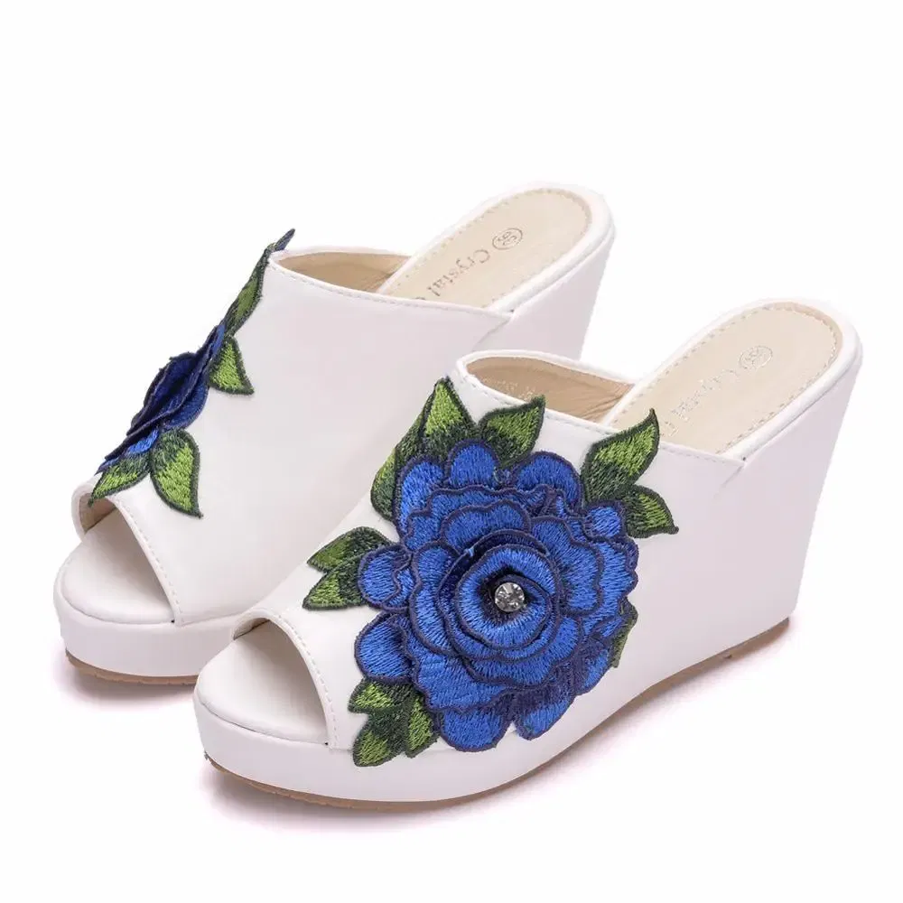 Color: WHITE, Shoe Size: 39 - Crystal Queen Black White Peep Toe Platform Wedges High Heels Slippers Beach Sandals Women Lace Flower