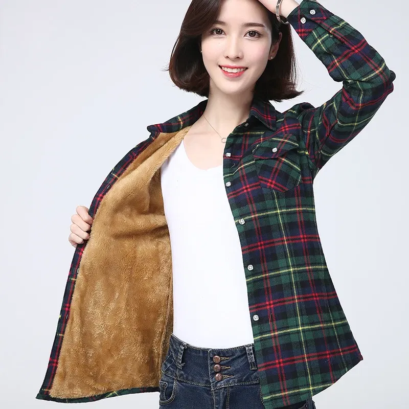 Color: Beige, Size: L - 2025 Winter New Women's Warm Plaid Shirt Coat Casual Fleece Velvet Plus Thicke Jacket Tops College Style Woman Clothes Outerwear