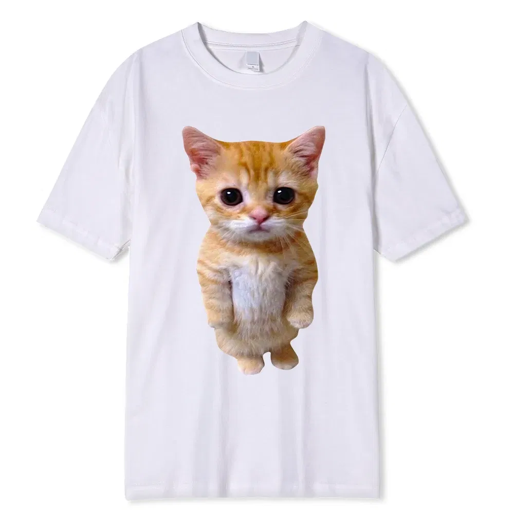 Color: Beige, Size: M - El Gato Meme Sad Crying Cat Munchkin Kitty Meme Trendy Graphic T-shirt Unisex Fashion Short Sleeve T-shirts Oversized Streetwear