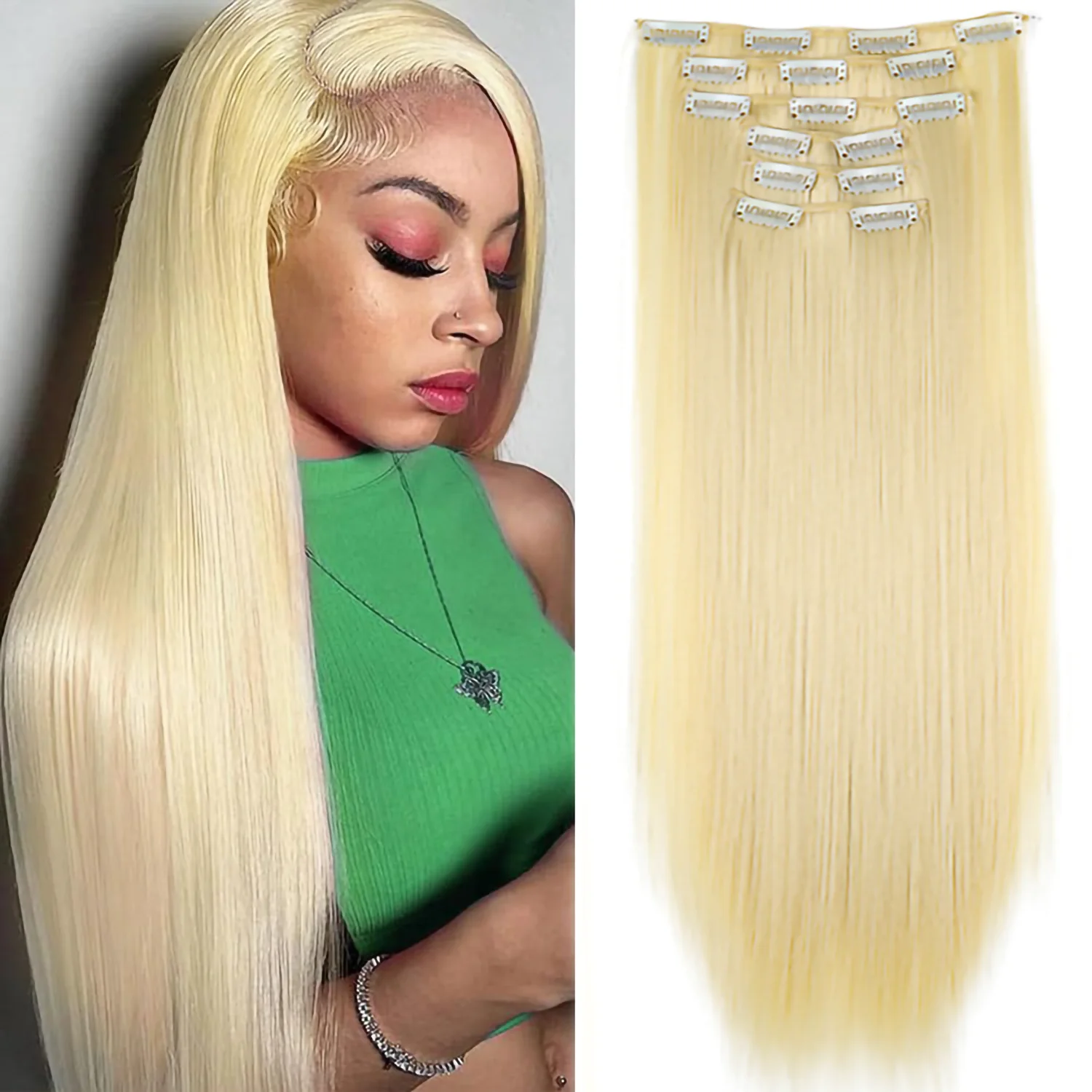 Color: P4/24, Stretched Length: 24inches - 24Inch 16 Clips in Hair Extensions Long Straight Hairstyle Synthetic Blonde Black Hairpieces Heat Resistant False Hair Daily Use