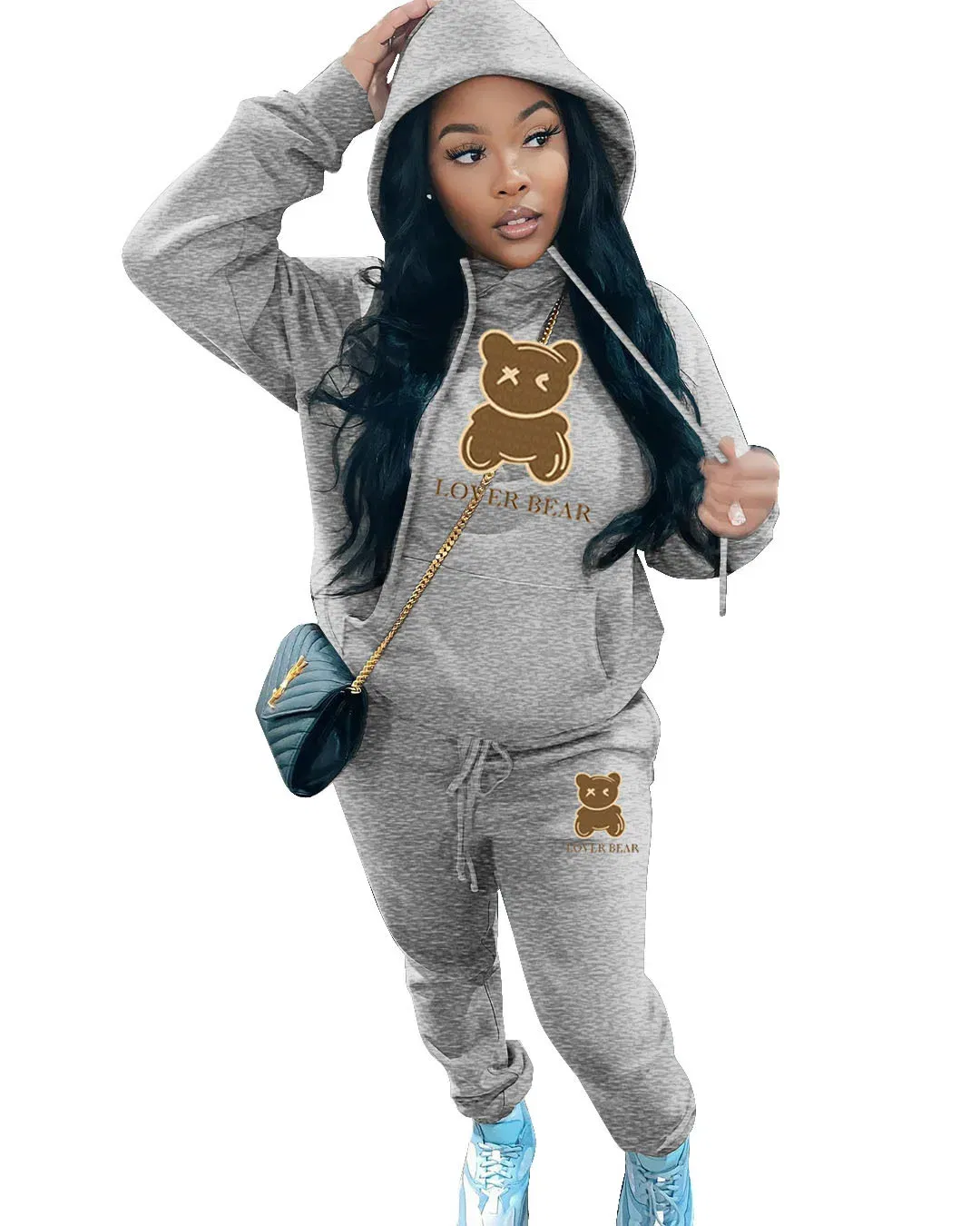 Color: Light Grey, Size: S - 2 Piece Set Women Outfit Letter Bear Print Hooded Neck Hoodies Sweatshirt Pants Tracksuit 2024 Plus Size Streetwear Casual Suit