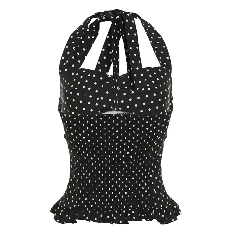 Color: black, Size: M - Causal Cute Polka Dot Print Halter Women Tops Fashion Chic Simple Patchwork Summer New Slim Blouses