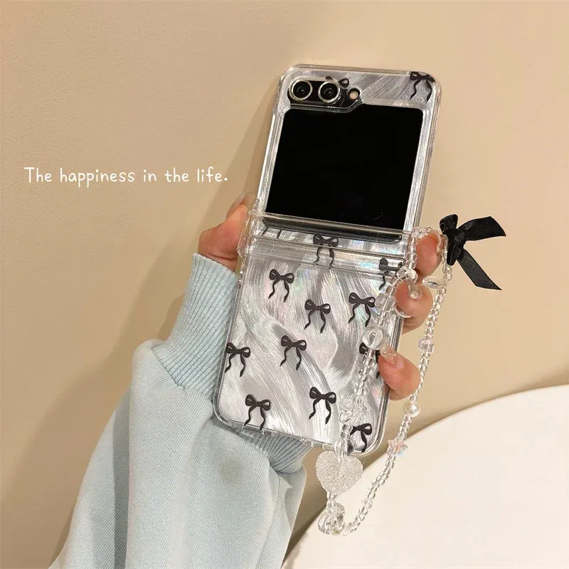 Color: Gold, Material: EVA - For Samsung Galaxy Z Flip 3 4 5 6 Case Cute Pink Black Bow Feather Cards Bracelet Cover For Samsung Z Flip3 Flip4 ZFlip5