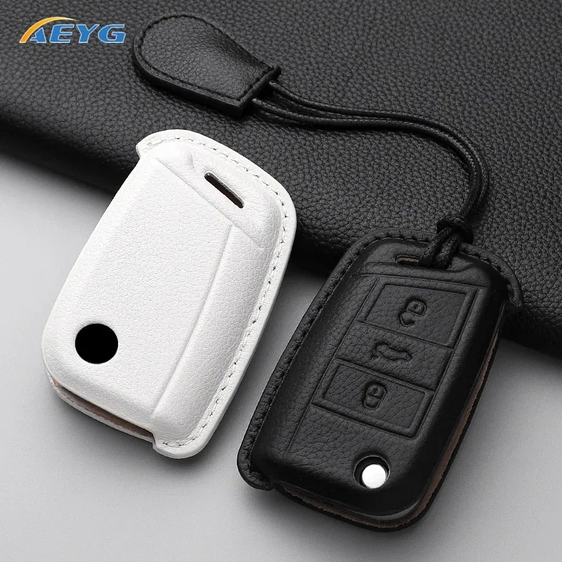 Color Name: Yellow - VW Car leather Key Case Cover For Volkswagen Golf 7 MK7 Tiguan MK2 For SEAT Ateca Leon FR 2 Ibiza For Skoda Octavia Shell Fob