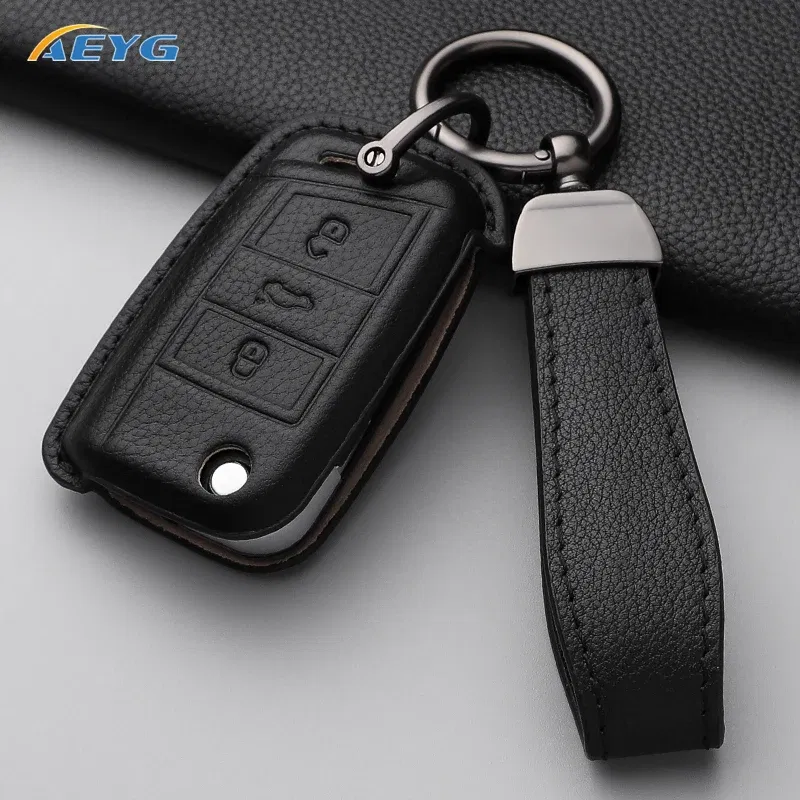 Color Name: Yellow - VW Car leather Key Case Cover For Volkswagen Golf 7 MK7 Tiguan MK2 For SEAT Ateca Leon FR 2 Ibiza For Skoda Octavia Shell Fob
