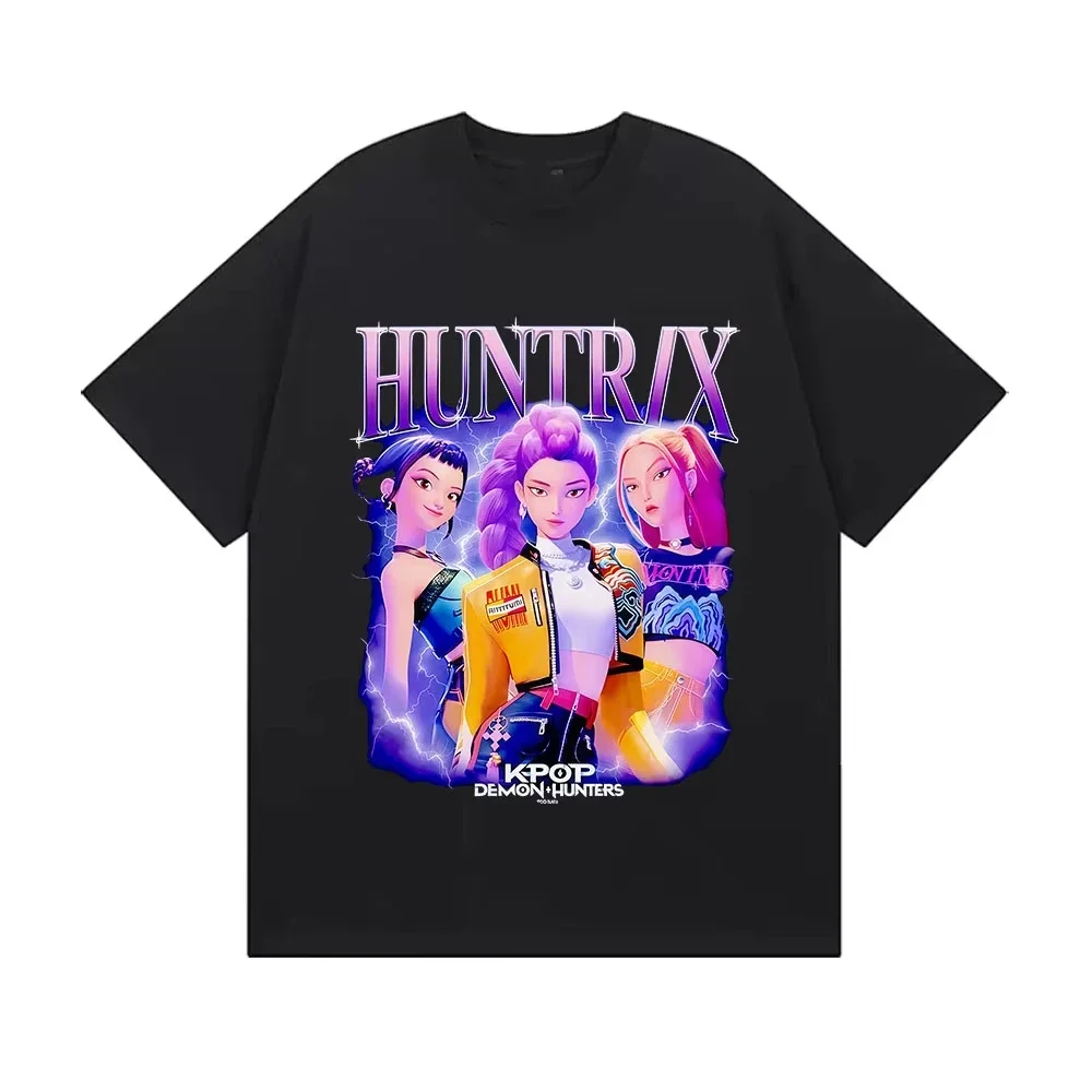 Color: Blue, Kid Size: 4 - Summer Huntrix Kpop Demon Hunters Graphics Cool Printed Girls Boys T Shirts High Quality Fashion Causal Tee Cotton Children Tops