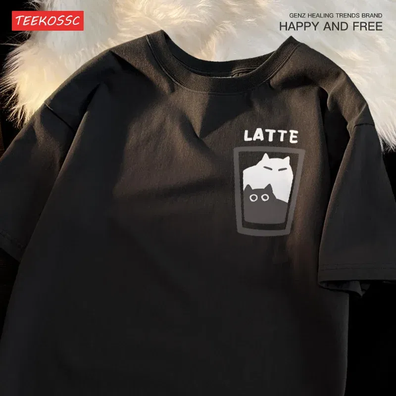 Color: black, Size: XXXL - Mocha Latte Couple Outfit Cat Coffee Couple Male T-Shirts Graphic Cool Tee Shirt High-Quality Oversized Tshirt Comfort Soft
