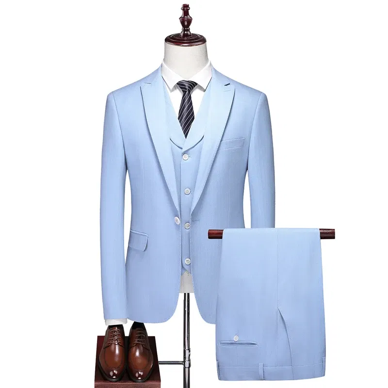 Color: Pink, Size: L - High-End Three-Piece Men's Wedding Suit with Vest And Trousers Fashion Business Casual Groom's Dress All-In-One