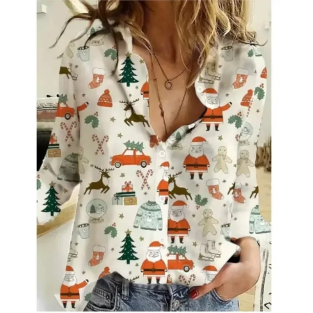 Color: Gold, Size: S, Ships From: CHINA - Women New Christmas Shirt Cute Christmas Tree Santa Claus Print Blouses Casual Long Sleeve Button Tops Autumn Blouses Ladies