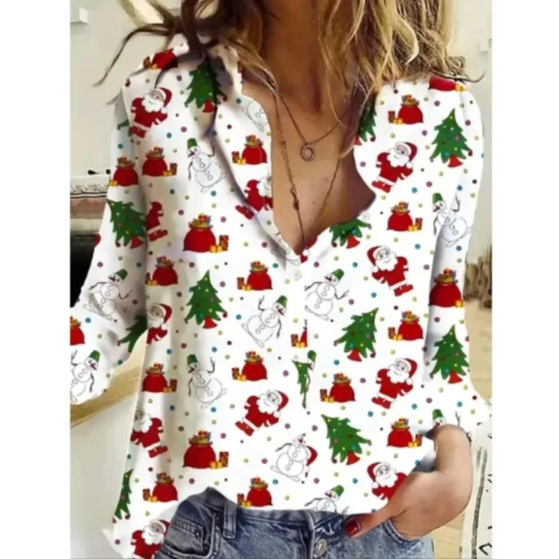 Color: Gold, Size: S, Ships From: CHINA - Women New Christmas Shirt Cute Christmas Tree Santa Claus Print Blouses Casual Long Sleeve Button Tops Autumn Blouses Ladies