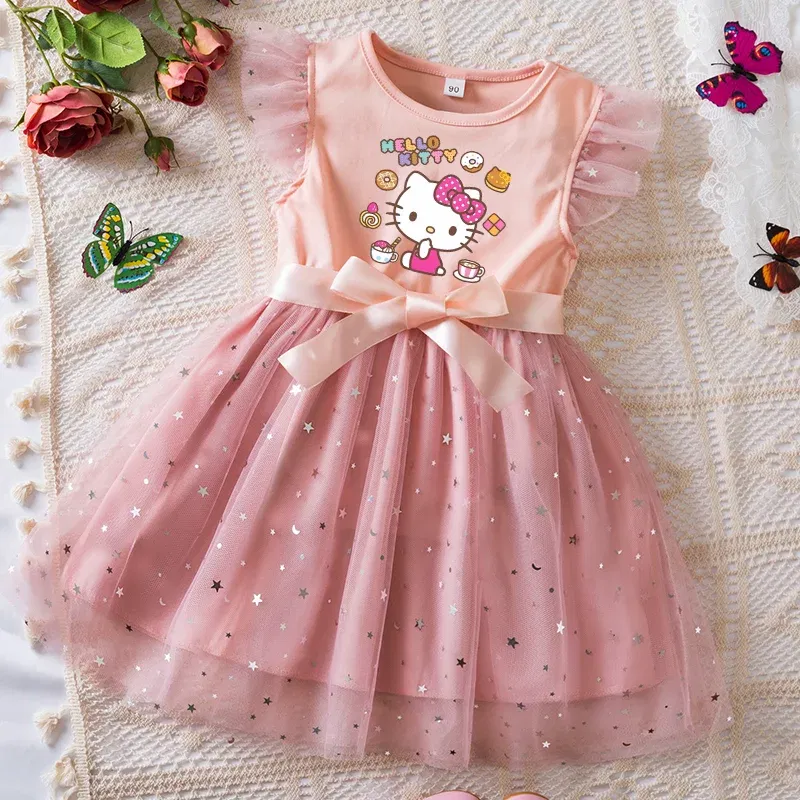 Color: Brown, Kid Size: 9 - Hello Kitty Girls Sequin Tutu Dress with Bow Flutter Sleeves Summer Princess Party Outfit for Toddler Kids 2-6 Years