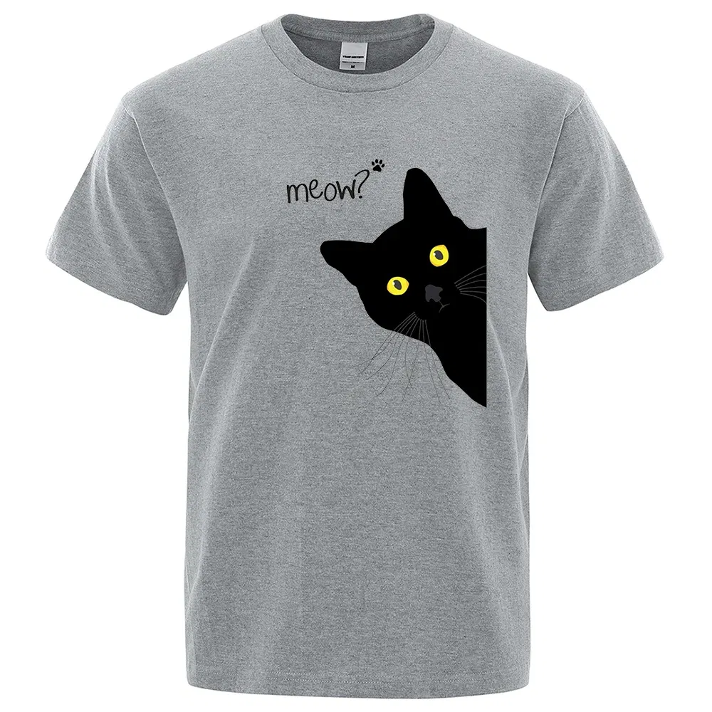 Color: Brown, Size: M - Meow Black Cat Funny Printing Men T-Shirts Breathable Tee Clothes Summer Streetwear Tops Oversized Loose Cotton Short Sleeve