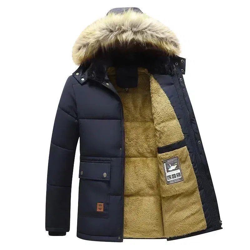 Color: Beige, Size: XL - 2024 New Men Winter Autumn Work Outwearing Parka Black Fleece Lined Thick Warm Hooded Fur Collar Coat Male Size 5XL Plush Jacket