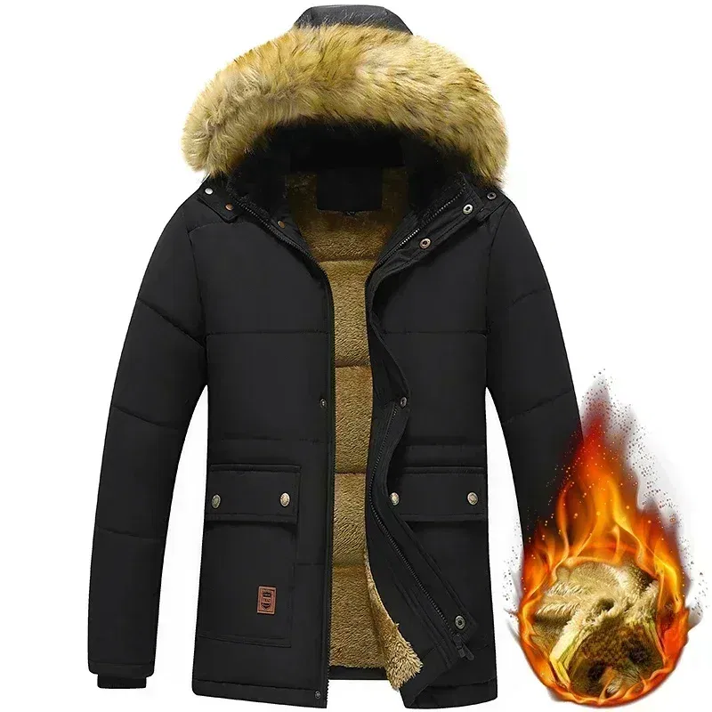 Color: Beige, Size: XL - 2024 New Men Winter Autumn Work Outwearing Parka Black Fleece Lined Thick Warm Hooded Fur Collar Coat Male Size 5XL Plush Jacket