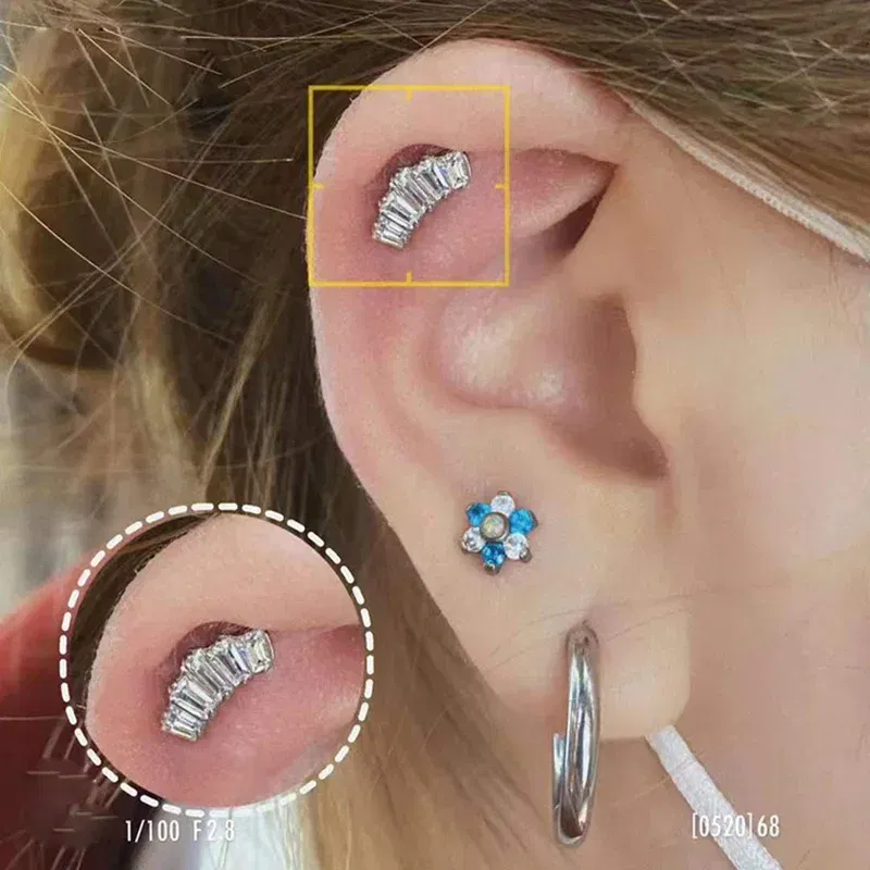 Metal color: Light Yellow Gold Color, Main Stone Color: WHITE, Ships From: CHINA - G23 Titanium Ear Studs 5 Oblong CZ Blaze Curve Top Threaded Labret PIERC Lip Stud Ear Cartilage Tragus Helix Piercing Jewelry