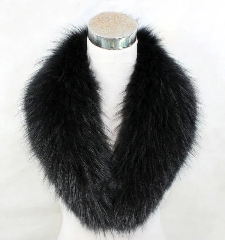 Color: black, Size: XL - Winter Real Fox Fur Collar Woman Furry Natural Raccoon Fur Scarf Shawls Luxury Neck Warmer Wraps For Coat Fur Scarves Large Size